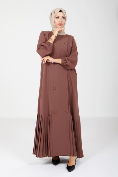 Kahve Pliseli Düğmeli Yandan Cepli Ferace