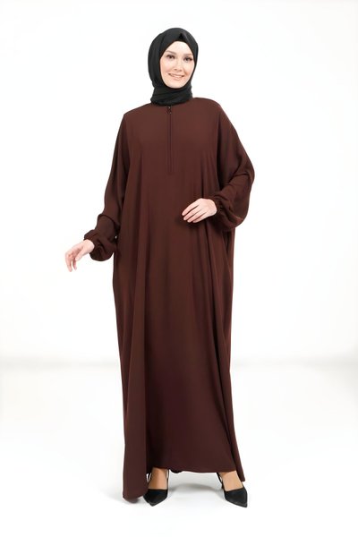 Batwing-Collar Zipped Modest Dress - Coffee