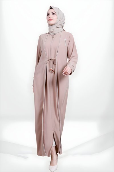 Front-Tie Zippered Piping-Detail Abaya - Cappuccino