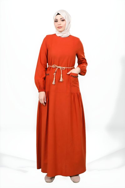 Crew Neck Modest Dress with Removable Rope Belt and Stone Pockets - Terracotta