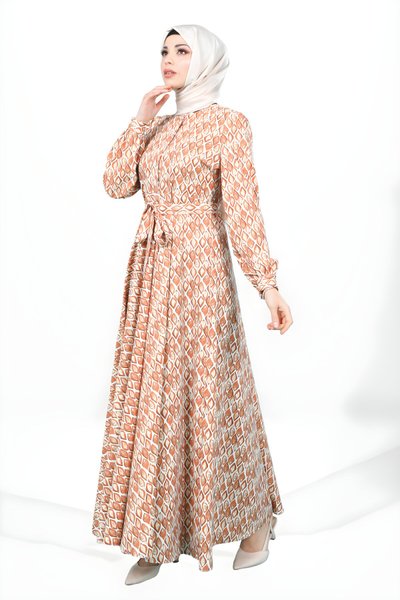Modest Flared Terracotta Patterned Dress - Button-Front Belted
