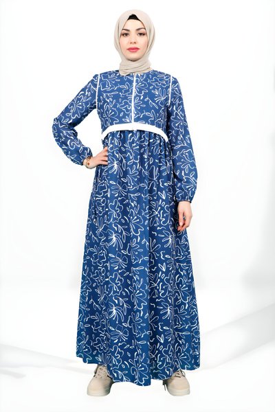 Adjustable-Waist Floral-Patterned Overlay-Closure Detail Modest Dress - Navy Blue