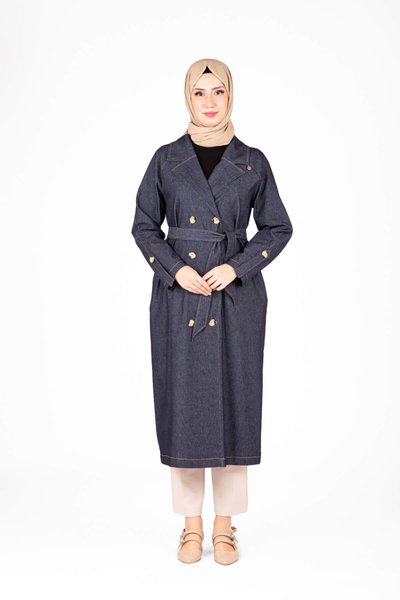 Lacivert Denim Kuşaklı Trençkot