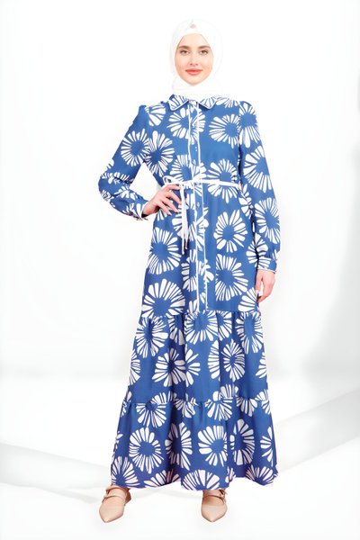 Modest Patterned Ruffled Button-Front Dress - Navy Blue
