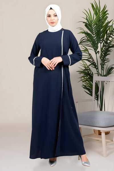 Wrap Rhinestone-Detail Modest Dress - Navy Blue