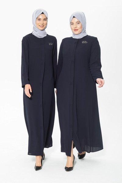 Lacivert Nervür Detaylı Broşlu Ferace