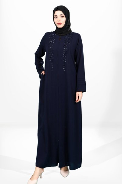 Lacivert Nervürlü Fermuarlı Önden Taş İşlemeli Yandan Cepli Ferace