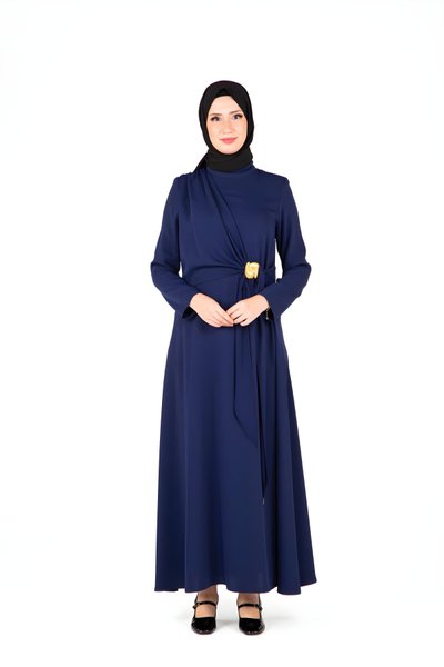 Modest Front Buckle Detail Dress - Navy Blue