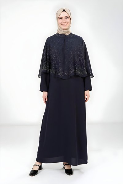 Modest Caped Evening Dress - Navy Blue