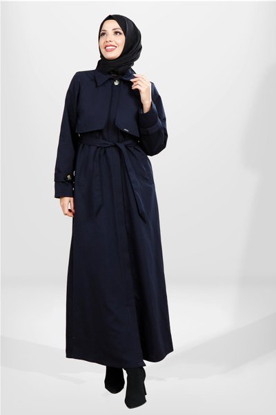 Lacivert Tam Boy Rüzgarlık Detaylı Kuşaklı Trençkot