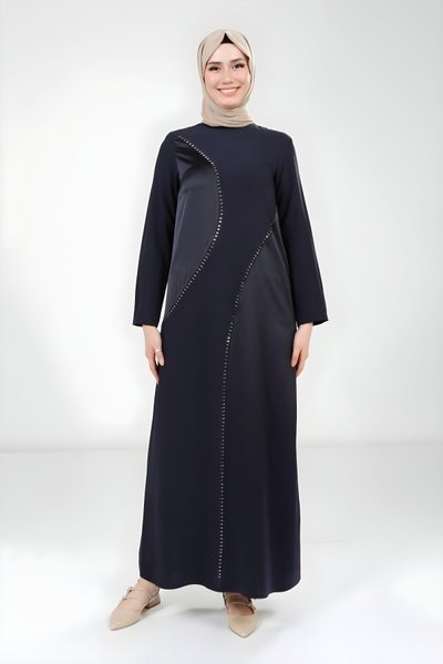 Modest Stone-Detail Dress - Navy