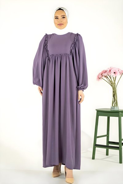 Flowy Rose Shirred Modest Dress - Lilac