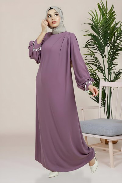Oriental Sleeve Pleated Pearl Detail Modest Dress - Lilac
