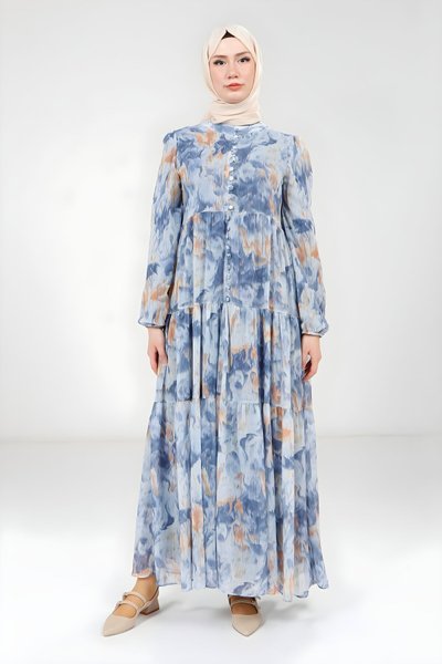 Printed Buttoned Modest Dress - Blue