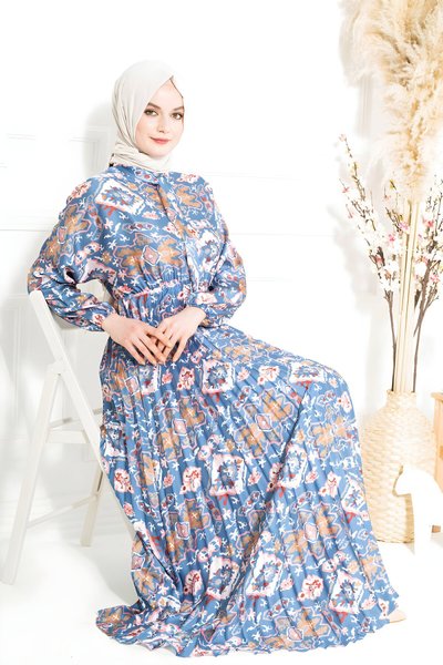 Patterned Twill Silk Buttoned Belted Modest Dress - Blue