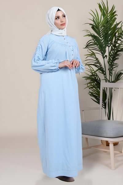 Modest Gathered Yoke and Sleeve Dress - Blue