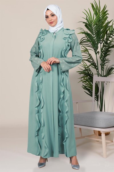 Mint Mavi İdil Volan Detaylı Kolları Dantel Ferace