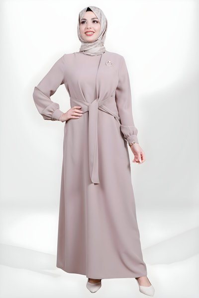 Modest Front Tie-Detail Brooch Dress - Mocha