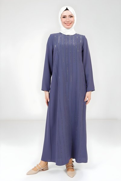 Striped Trim Stone-Detail Modest Dress - Purple