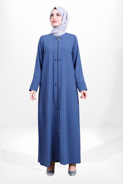 Petrol Boydan Çıtçıtlı Fermuarlı Kuşgözü Detaylı Ferace