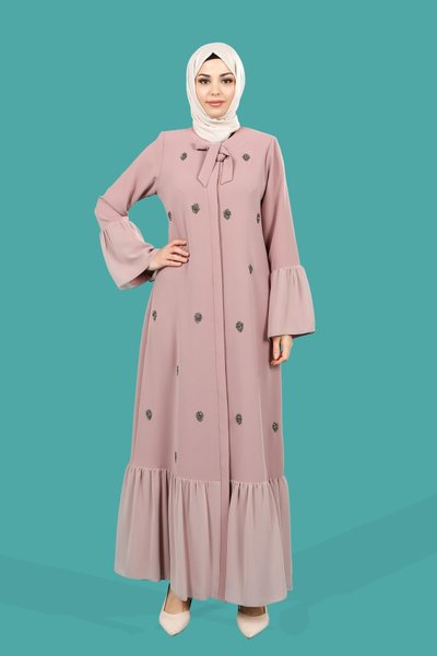 Pudra Taşlı Yakası Bağlamalı Şifon Detaylı Ferace