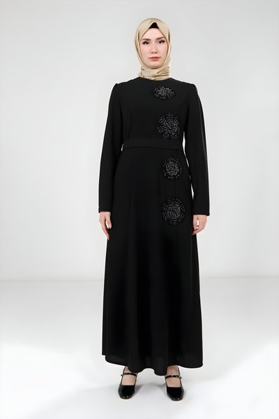 Modest Flower Stone Patterned Dress - Black