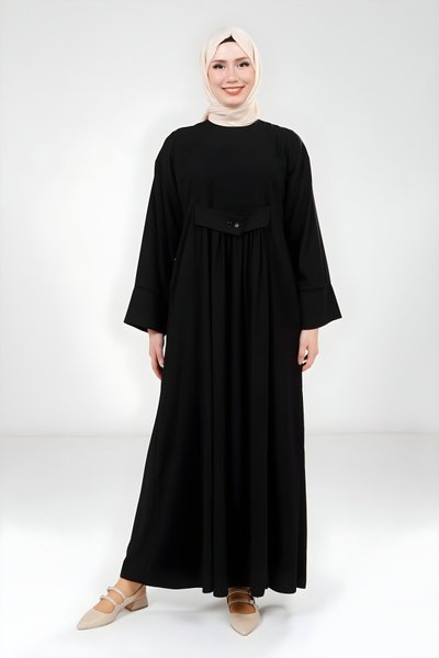 Modest Snap-Button Dress - Black