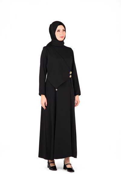 Button-Detail Modest Dress - Black