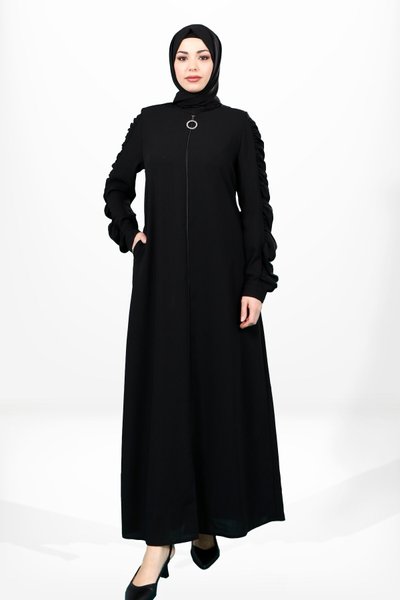 Siyah Fermuarlı Kolu Büzgülü Yandan Cepli Ferace