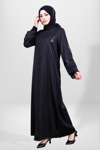 Siyah Fermuarlı Şerit Detaylı Ferace