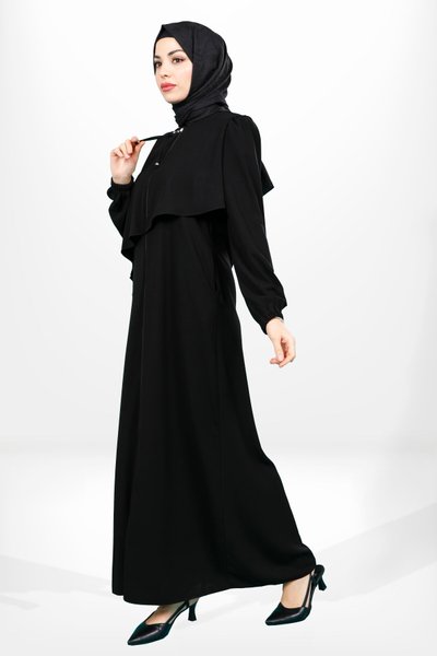 Siyah Fermuarlı Yandan Cepli Üst Beden Detaylı Ferace