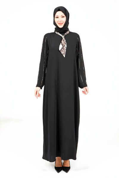 فستان محتشم أسود بتفصيل فُلار