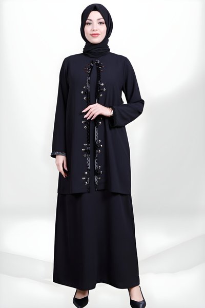 Cardigan Beaded Embroidered Modest Dress - Black