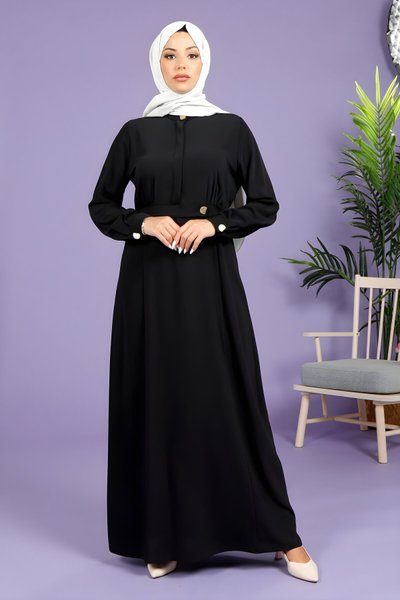 Flared Cut Belted Modest Dress - Black