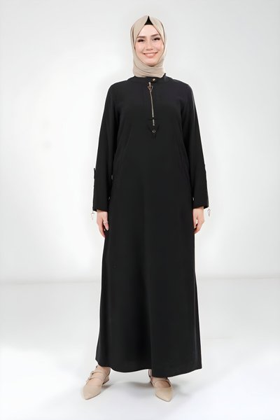 Sleeve-Zipper Detail Modest Dress - Black
