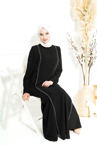 Modest Sand Crepe Stone-Strip Dress - Black
