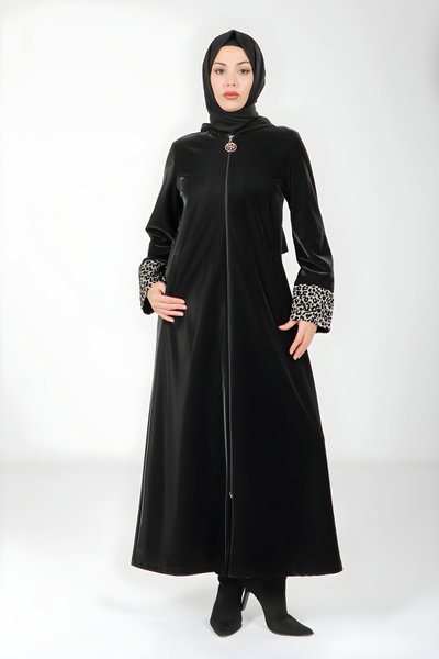 Hooded Leopard-Detail Abaya - Black