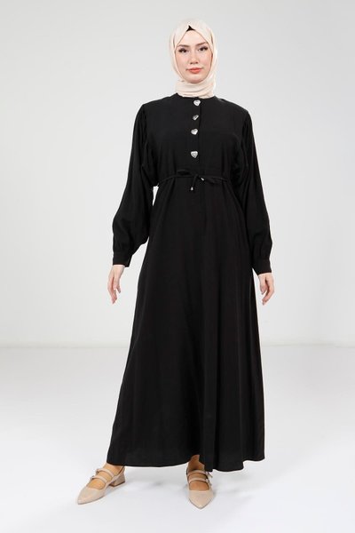 Siyah Modal Düğme Detaylı Tesettür Elbise