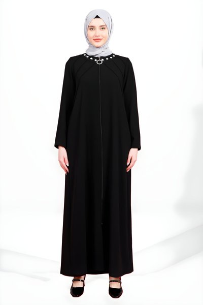 Pin-Tucked Zippered Stone-Detail Abaya - Black
