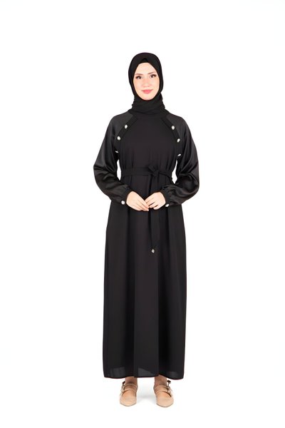 Stone-Detail Shoulder Modest Dress - Black