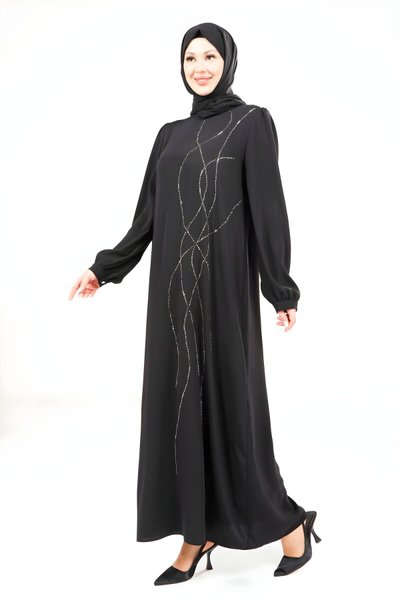 Modest Shoulder-Pleated Dress - Black