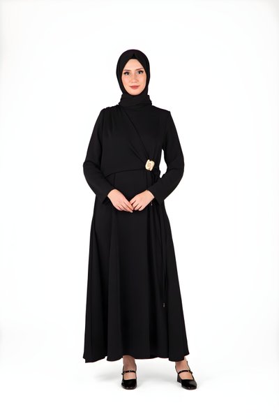 Modest Front Buckled Dress - Black