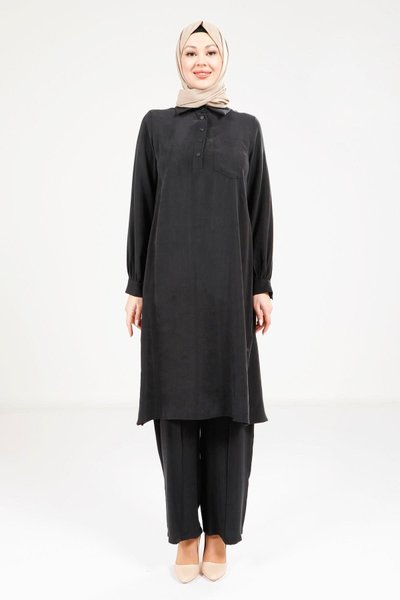 Siyah Rahat Kesim Tunik Pantolon Tesettür İkili Takım