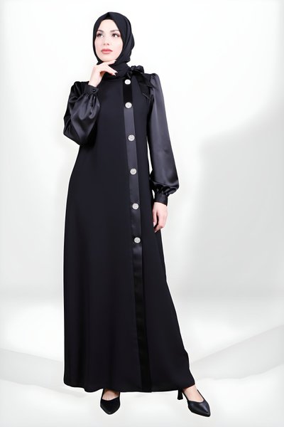 Stone-Buttoned Satin-Detail Modest Dress - Black