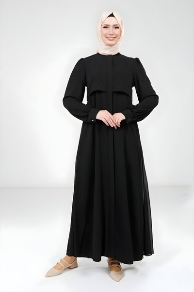Scattered Stone Detail Abaya - Black