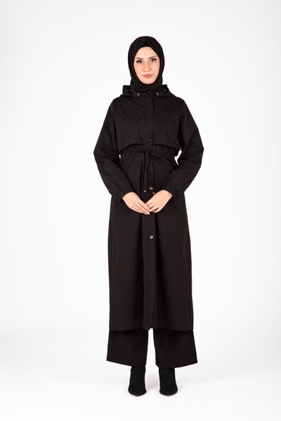 Siyah Seyyar Kapüşonlu Trençkot