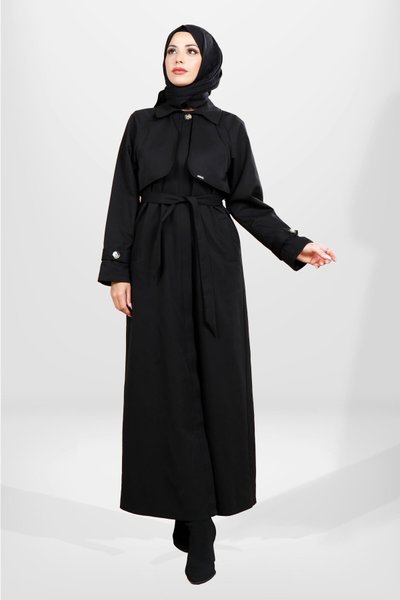 Siyah Tam Boy Rüzgarlık Detaylı Kuşaklı Trençkot