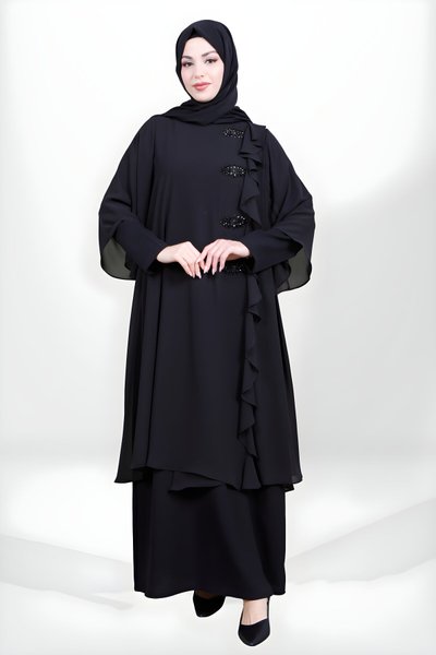 Modest Ruffled, Stone-Embellished Chiffon Dress - Black