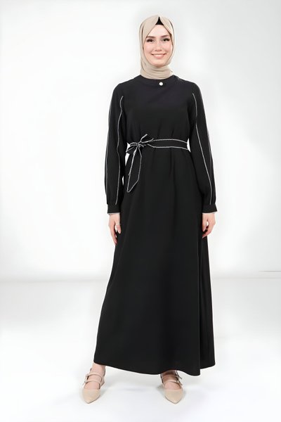 Modest Piping-Detail Dress - Black