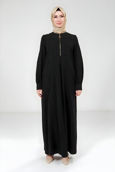 Modest Zip-Collar Dress - Black